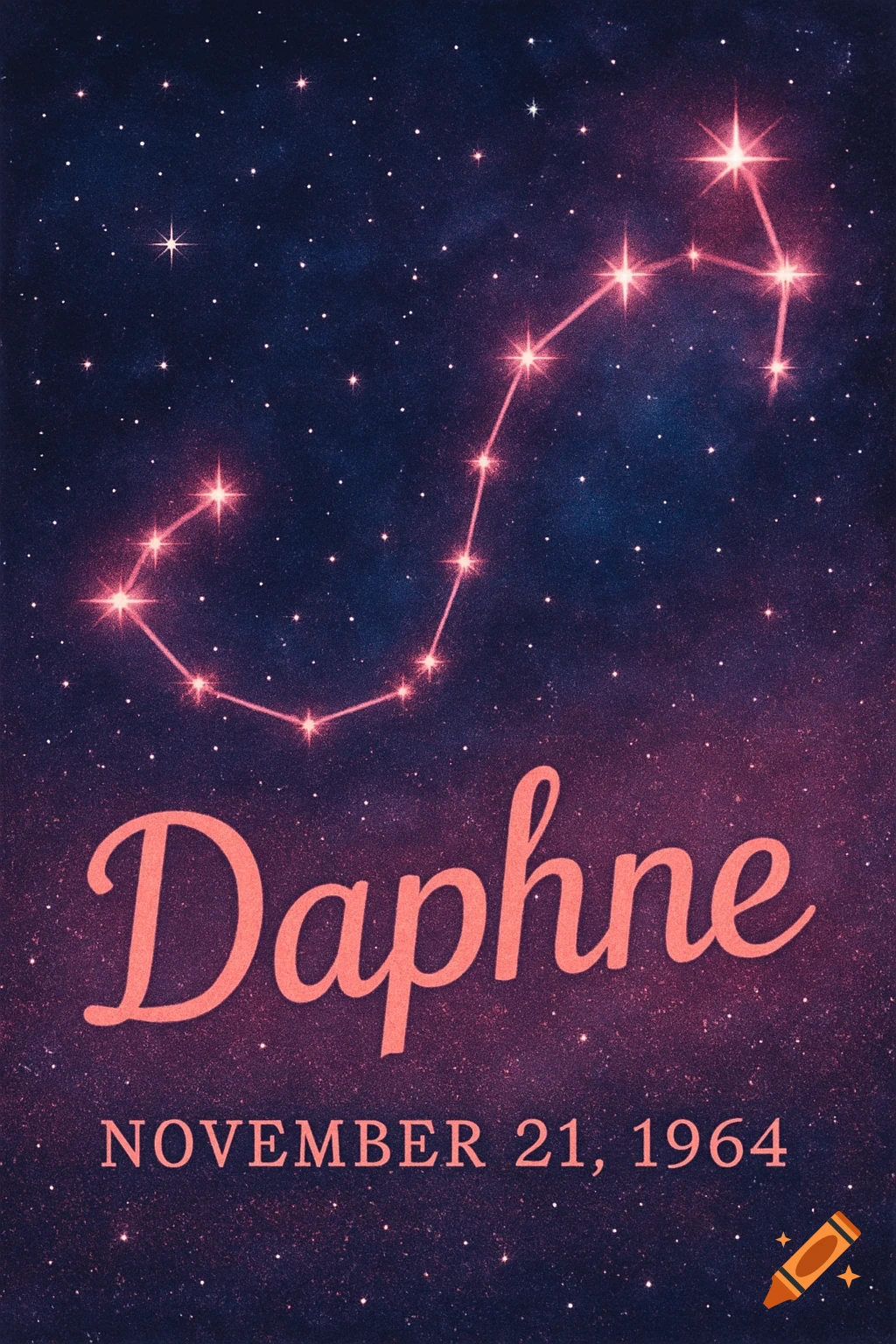 A constellation resembling a scorpion in pink stars against a dark starry sky, with the name Daphne and date November 21, 1964 below.