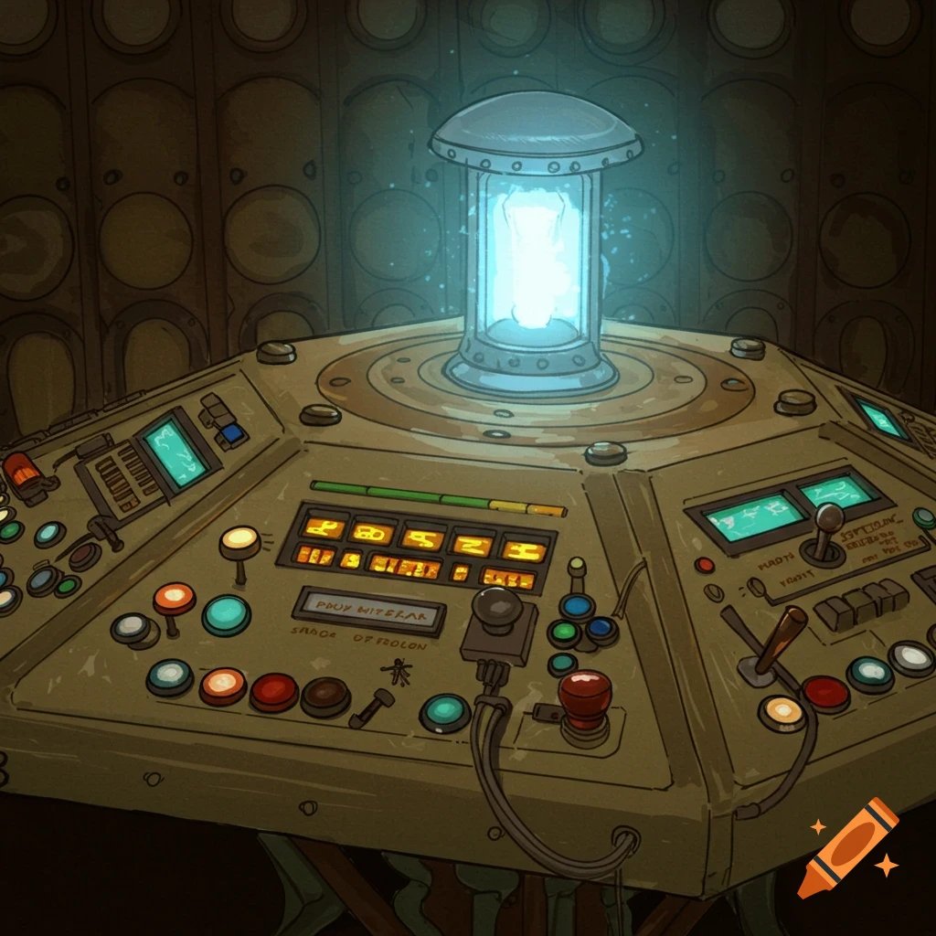 Close-up view of the Doctor Who TARDIS control console, with various buttons, screens, and glowing core in an illustrative style.
