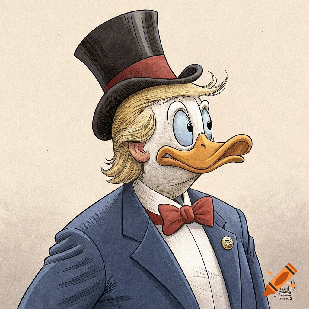Cartoon of Donald Duck in a suit and top hat, with a hairstyle resembling Donald Trump.