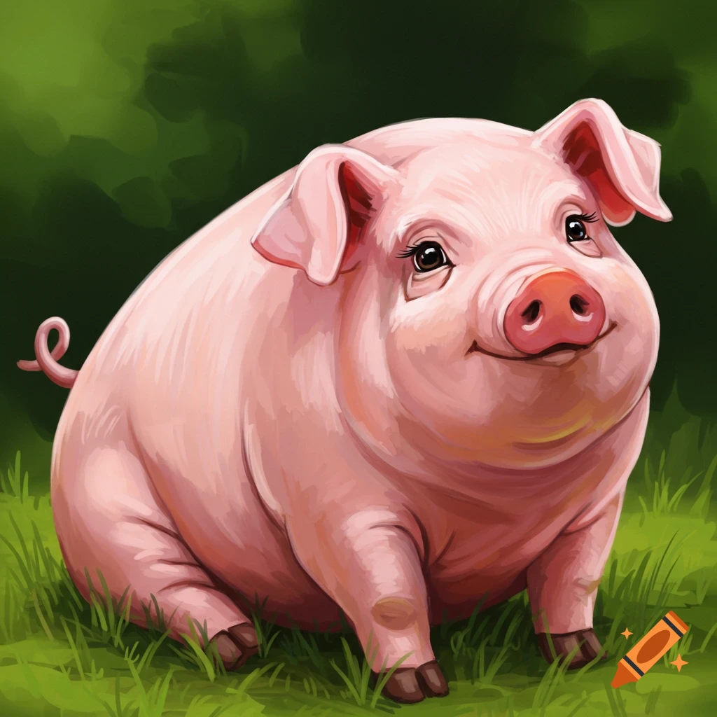 A cute pink cartoon pig sits smiling in green grass.