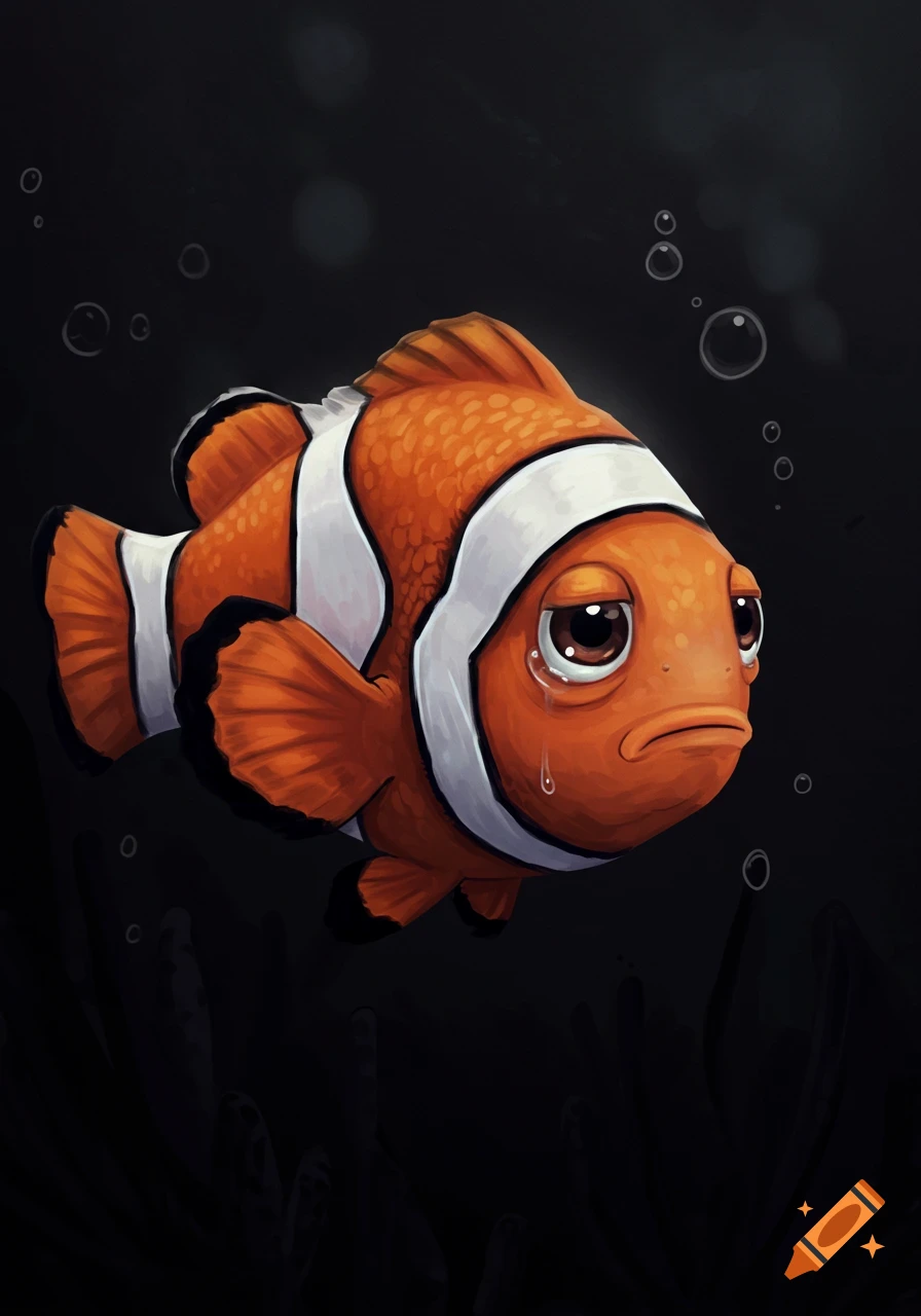 Illustration of a sad clownfish with tears underwater