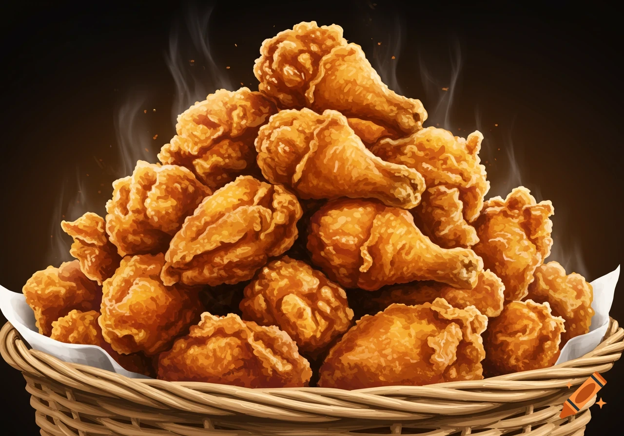A large pile of steaming hot fried chicken pieces in a basket.