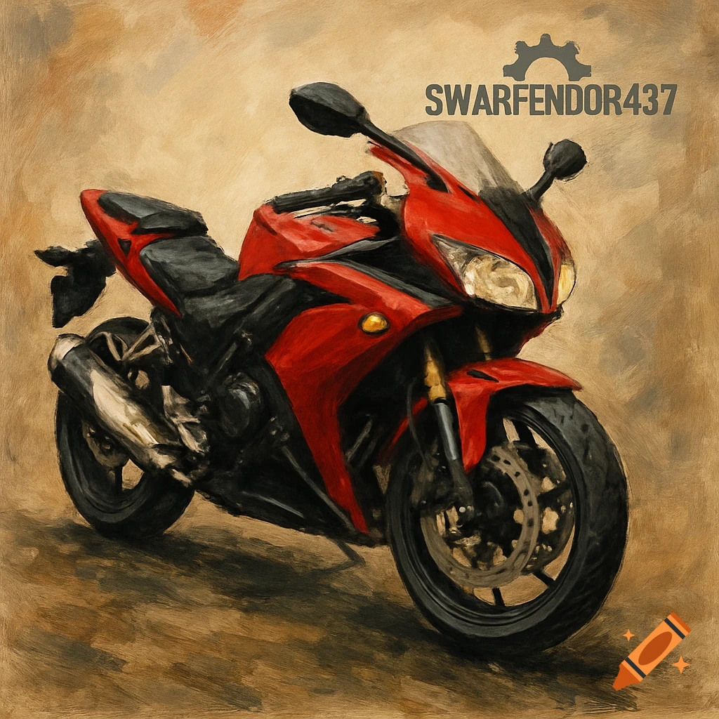 Oil painting of a red and black sport motorcycle with text SWARFENDOR437 and a gear logo.