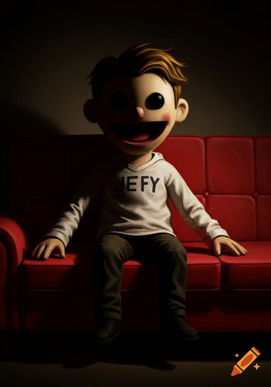 A puppet sits on a red couch. Part of its face is dark, and its eyes are black. It wears a hoodie with "JEFY" written on it.
