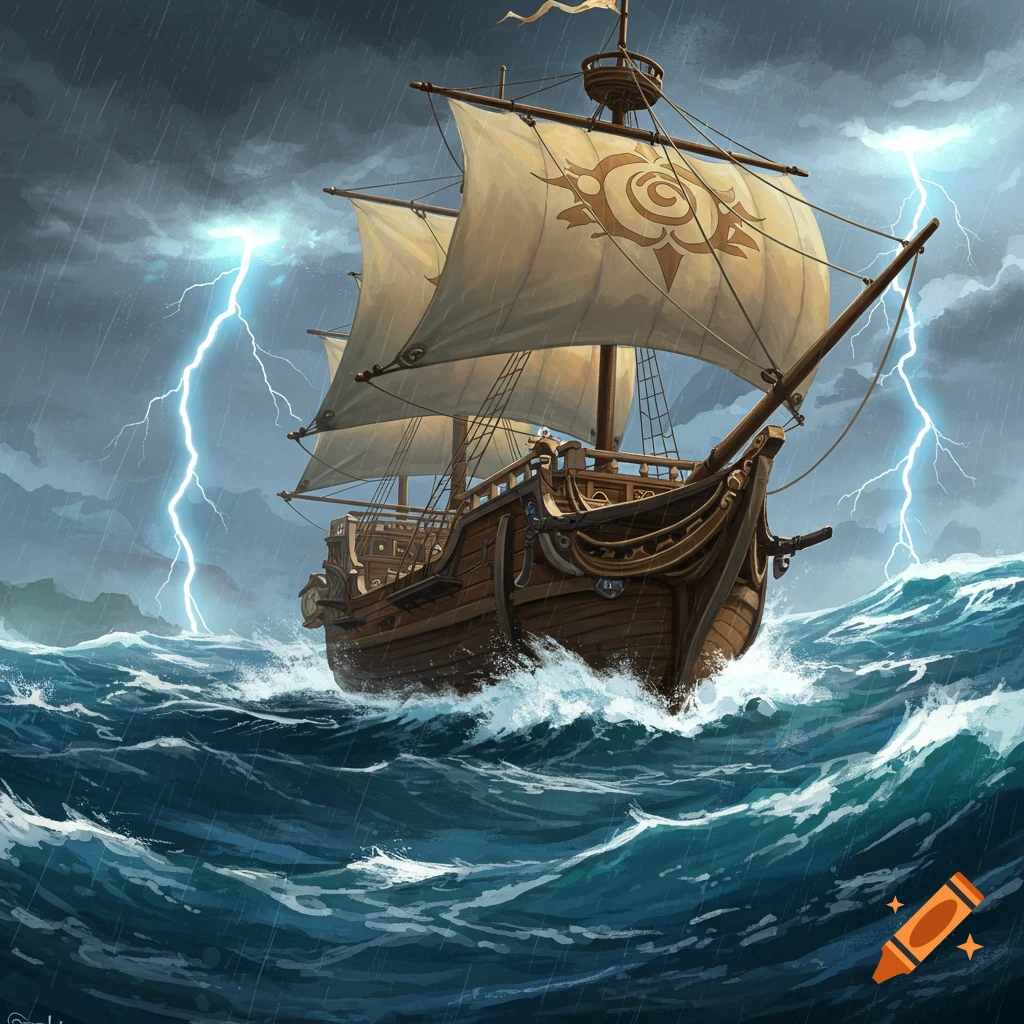 A sailing ship braves a stormy sea with lightning strikes.