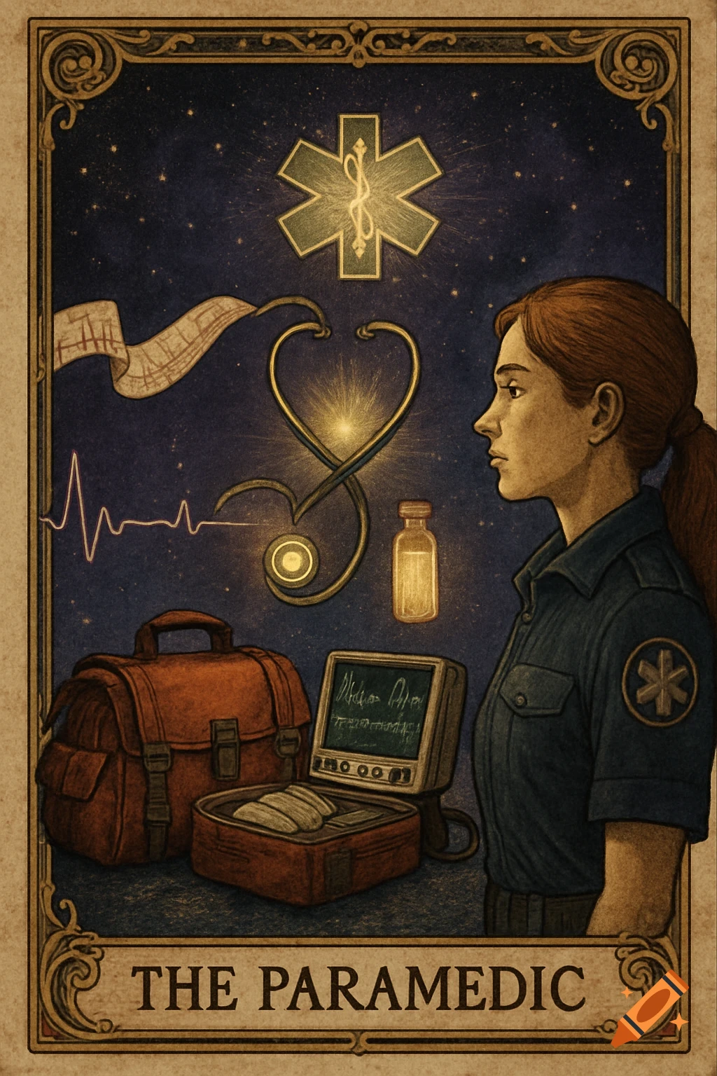 Vintage tarot card illustration of a female paramedic with medical tools and a celestial background. Text reads 'THE PARAMEDIC'.