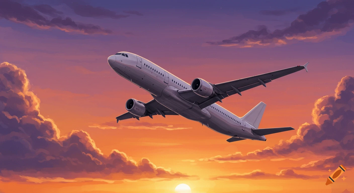 An illustration of an airplane flying through a vibrant sunset sky