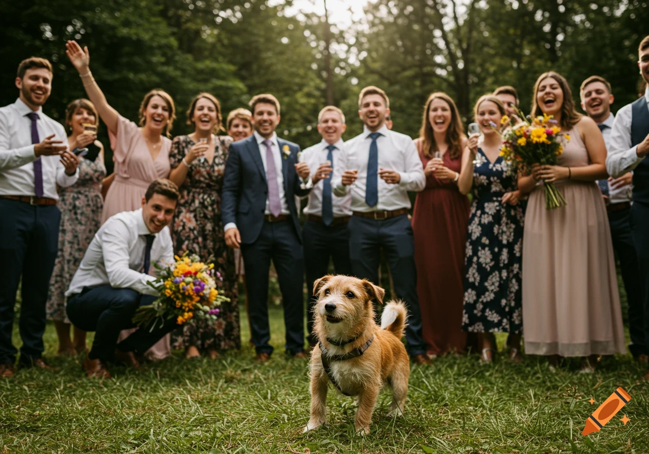 A dog sits in front of a group of people celebrating outdoors at a wedding.