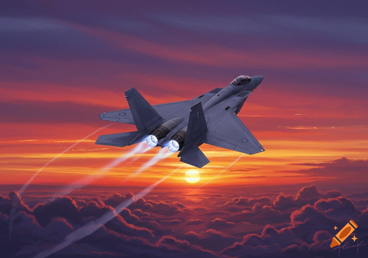 Painting of a fighter jet flying through a vibrant orange and purple sunset sky above clouds