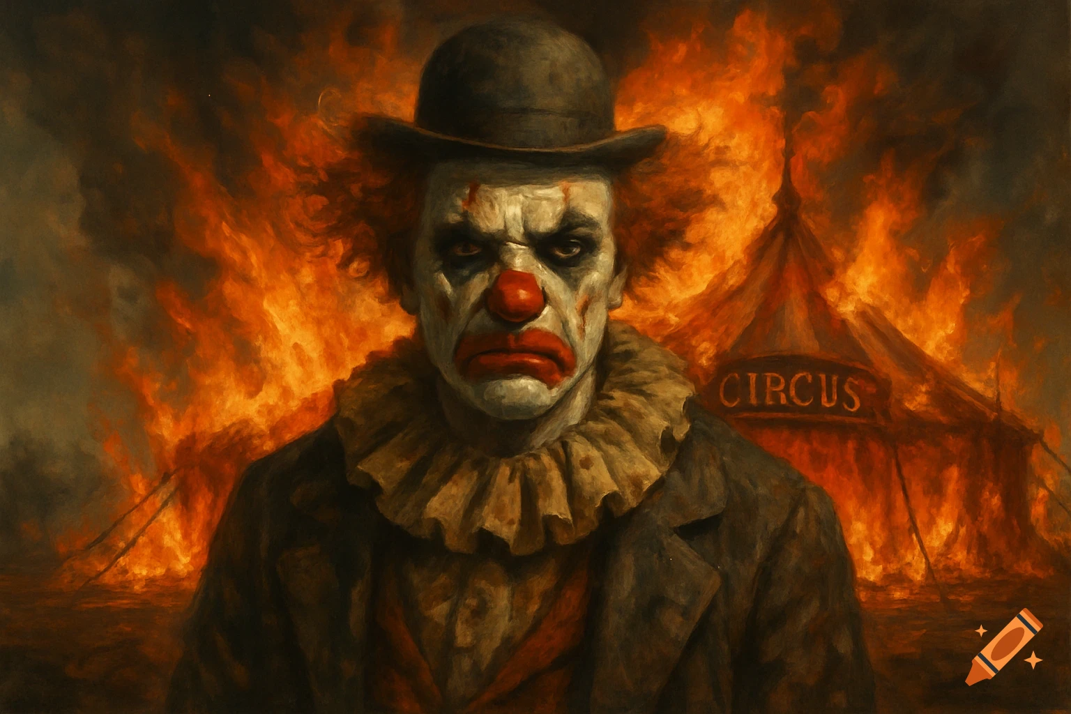 A creepy clown with a red nose and ruff collar stands in front of a burning circus tent in a painting.