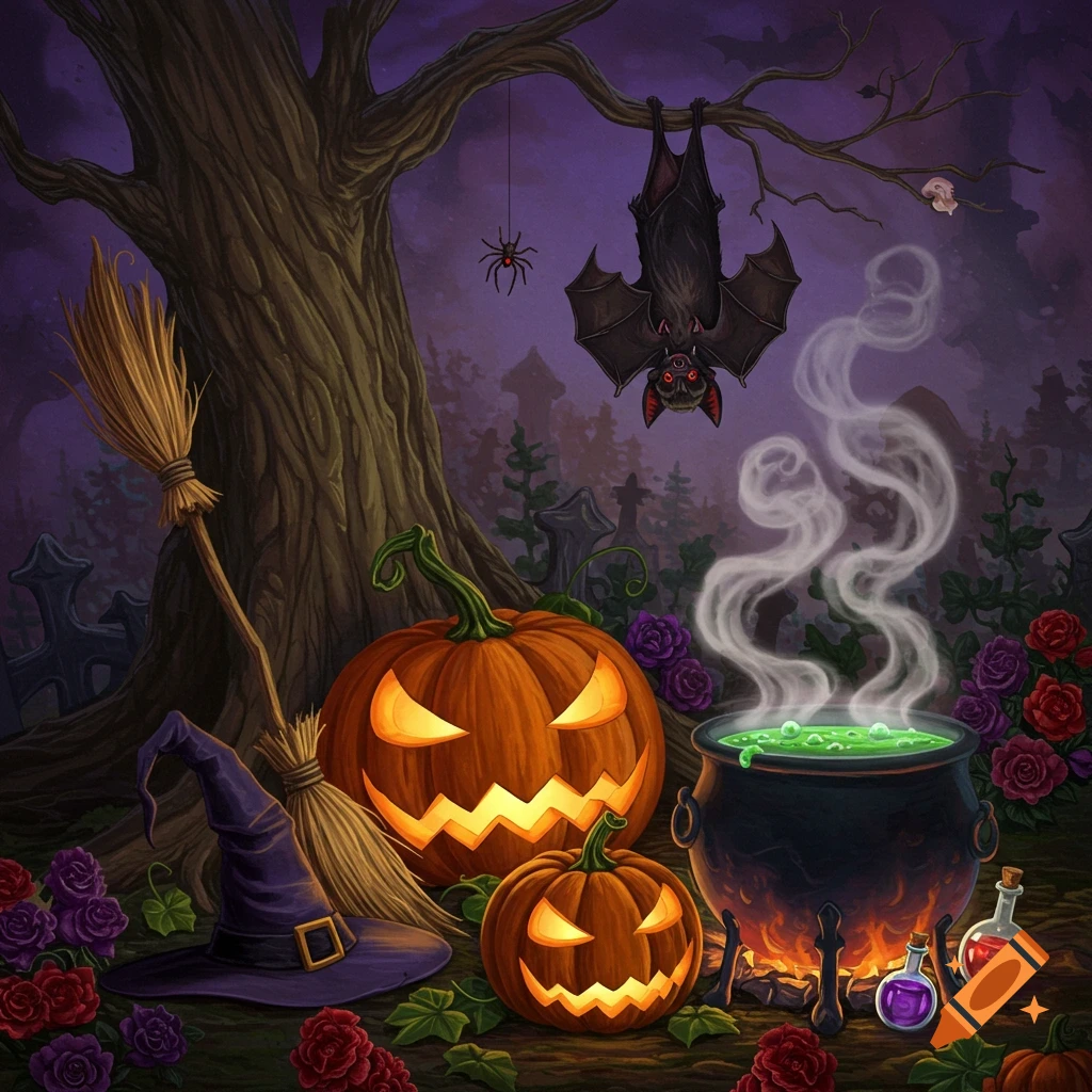 A spooky Halloween scene with glowing jack-o'-lanterns, a bubbling cauldron, a broom, a witch hat, and a bat hanging from a tree.