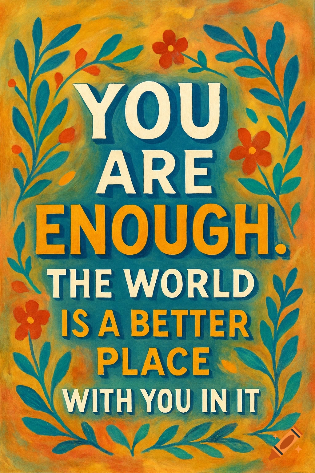 Illustration with motivational text 'You are enough. The world is a better place with you in it' surrounded by floral decoration.