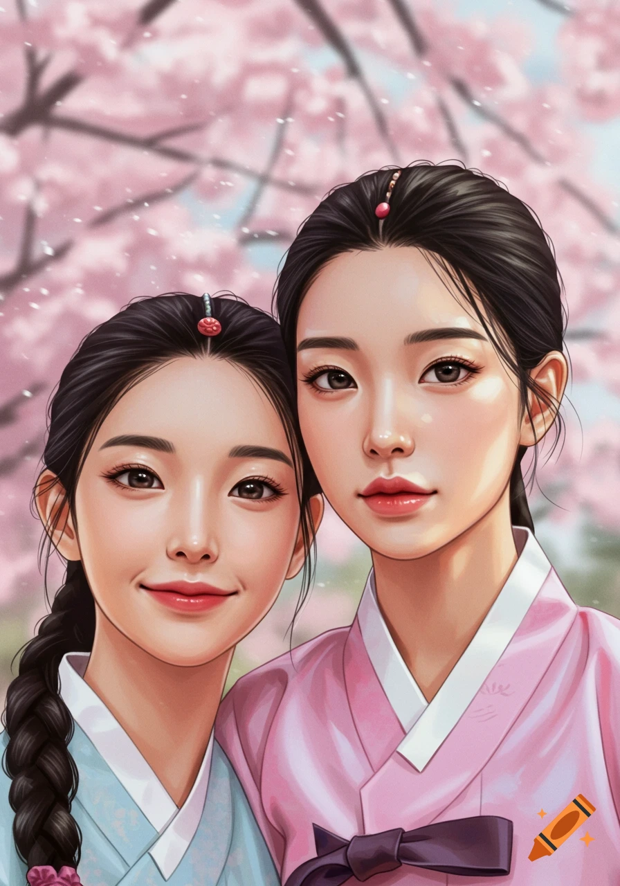 Two Korean women in hanbok smiling under cherry blossoms, illustration style.