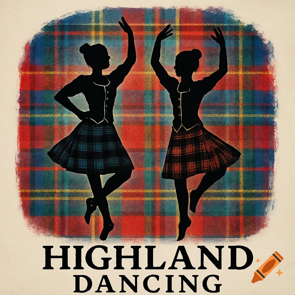 Two silhouettes in kilts dance against a tartan background with the text 'HIGHLAND DANCING'.