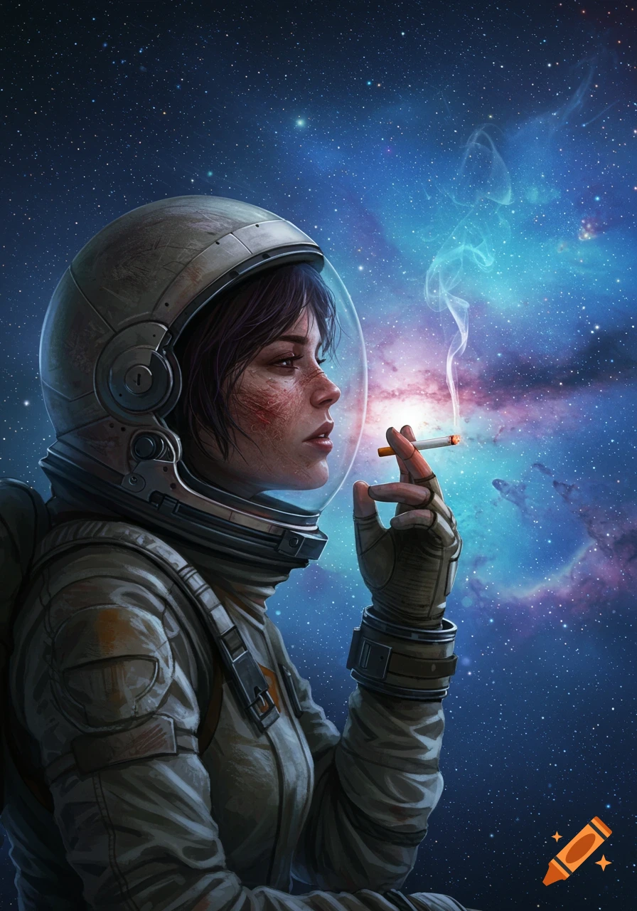 A female astronaut with a scratched face smokes a cigarette while looking out into space, bathed in nebulae light.
