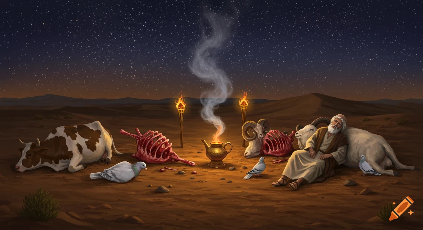Illustrative depiction of a biblical scene with an old man, split animal carcasses, fire, and torches in a desert under a starry night.
