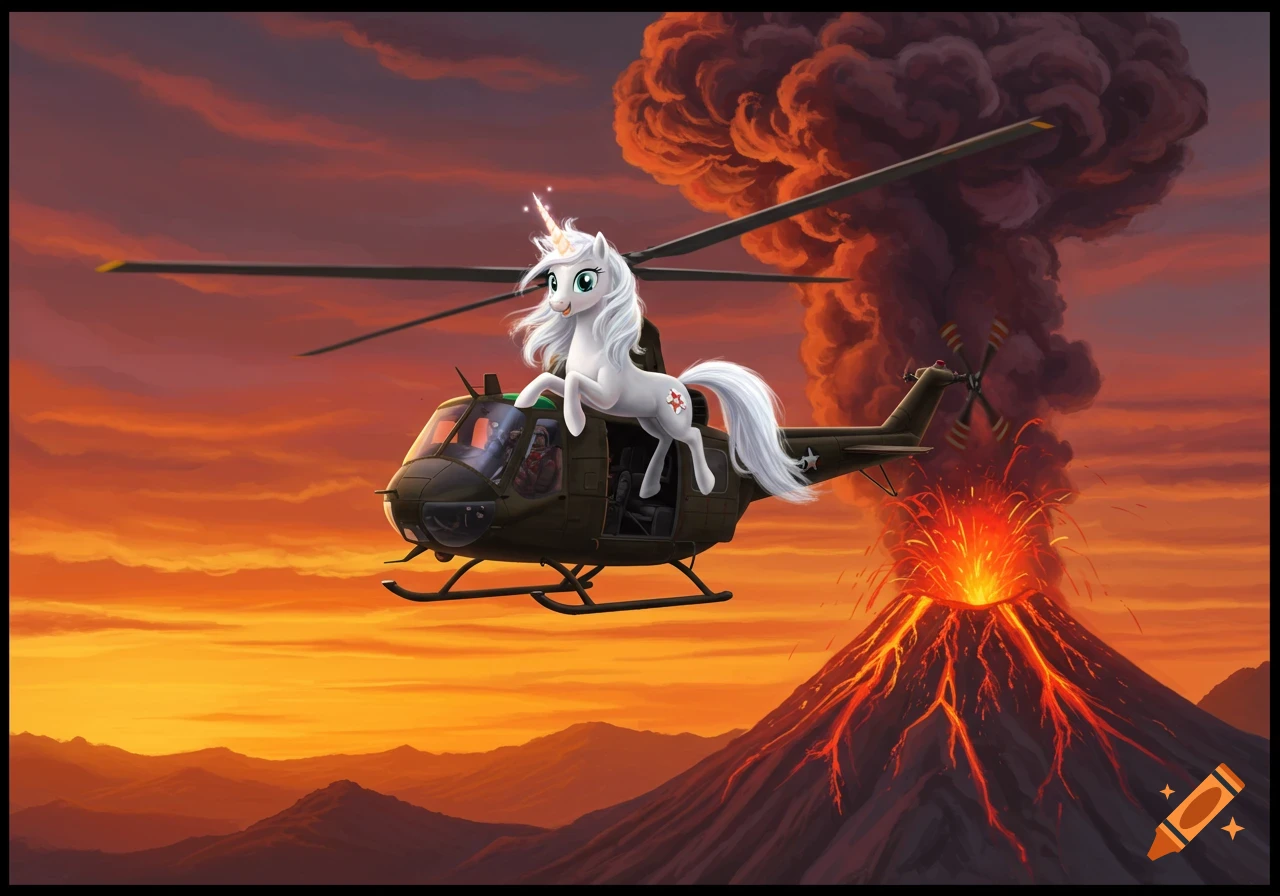A cartoon unicorn rides a helicopter over a erupting volcano at sunset.