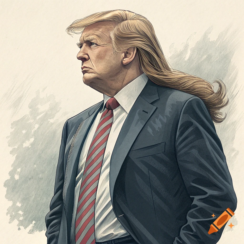 Portrait of Donald Trump with long hair in a suit, sketch style