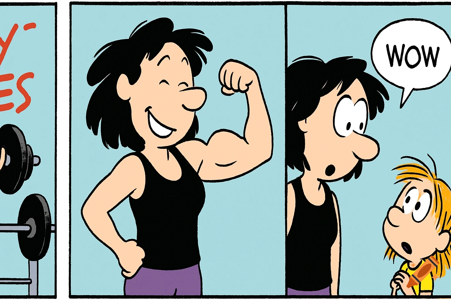 Comic strip: A woman flexes her bicep, and a child reacts saying 'WOW' in a speech bubble.