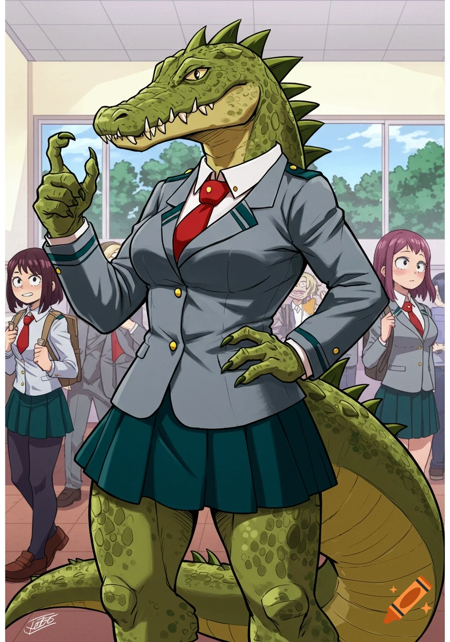 Anthropomorphic crocodile character in My Hero Academia school uniform in a hallway.