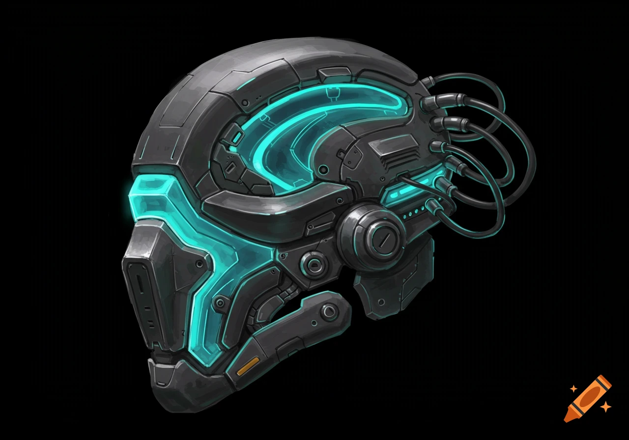 A detailed illustration of a futuristic metallic helmet with glowing teal blue panels and connecting wires against a black background.