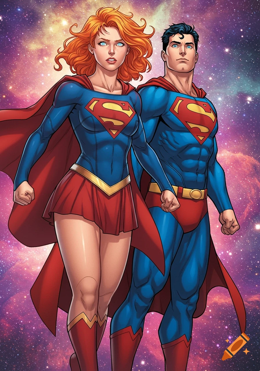 A man and woman in red and blue superhero costumes, identified as Superman and Supergirl, stand in space in a comic book art style.