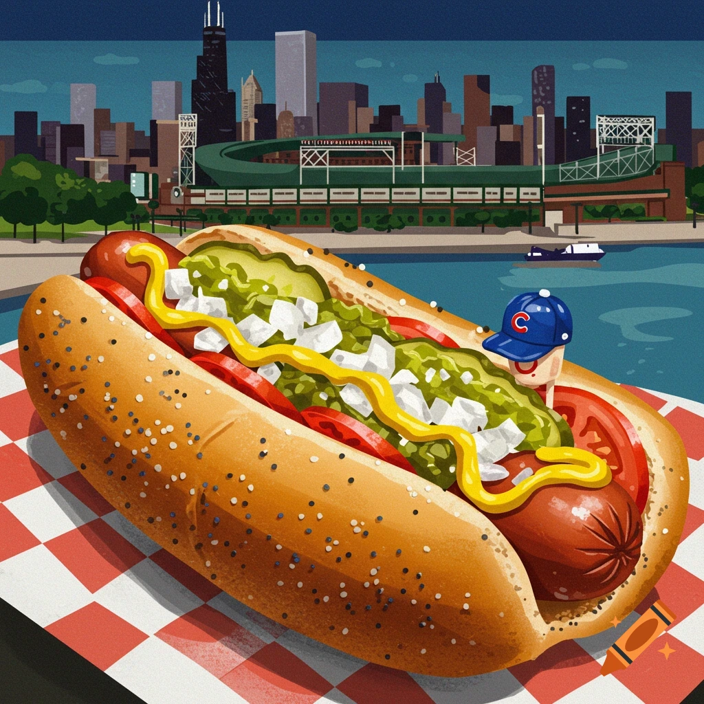 An illustration of a Chicago-style hot dog with a tiny baseball cap on top, in front of the Chicago skyline and a stadium.