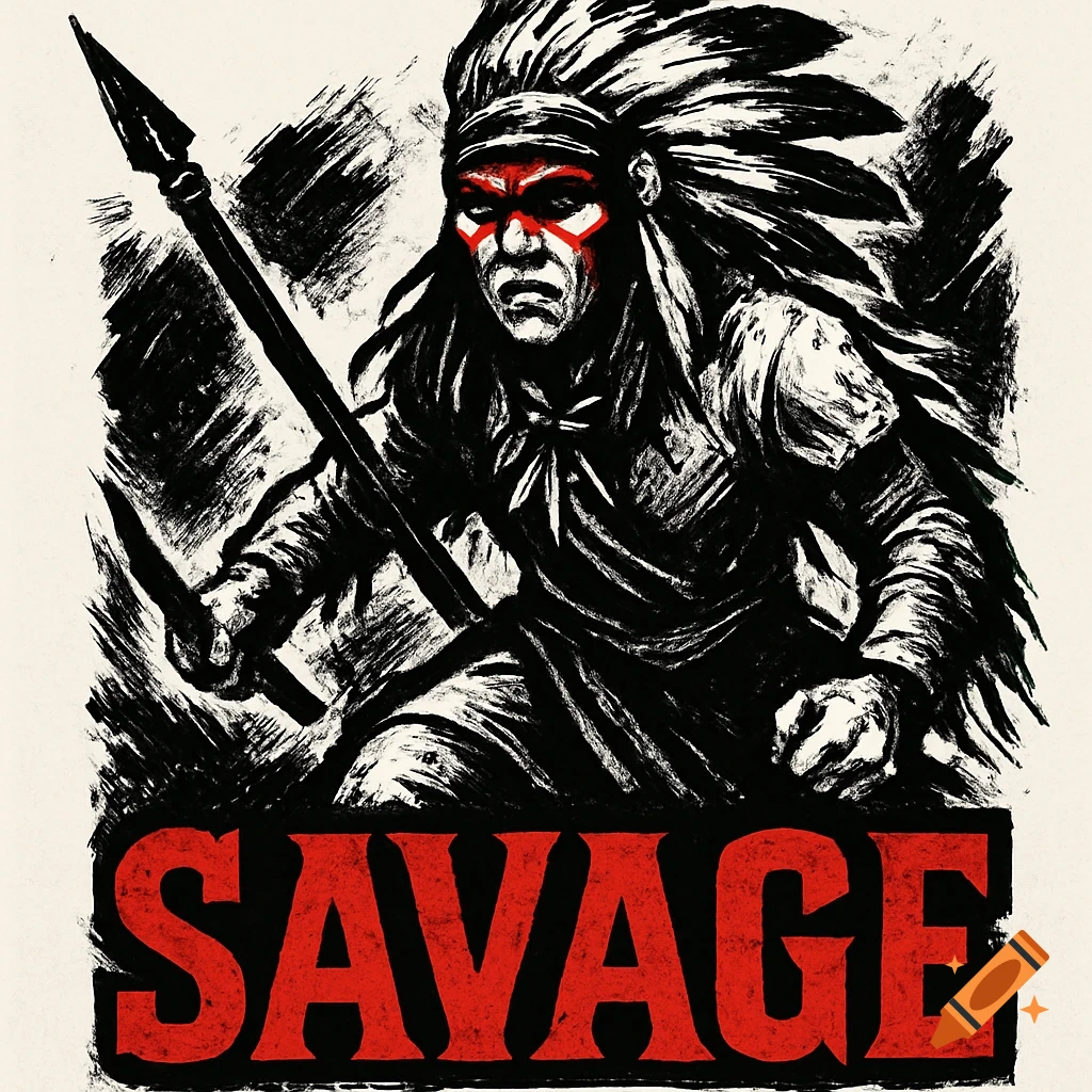 Stylized black and white illustration of a Native American warrior with red face paint, holding a spear, above the red word "SAVAGE".