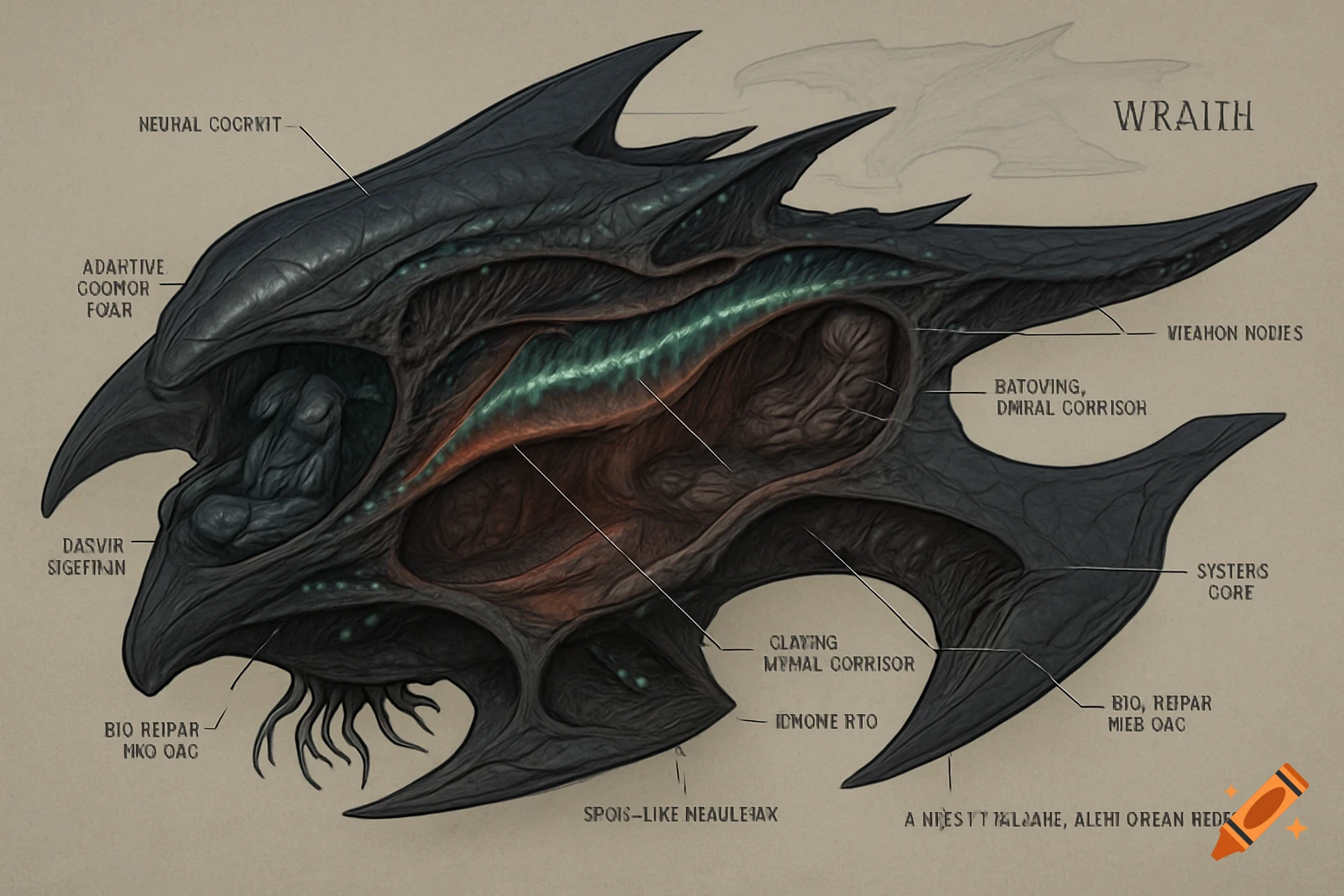 A detailed cutaway diagram of a biomechanical alien spaceship called 'Wraith', with dark, chitinous plating and organic interiors.