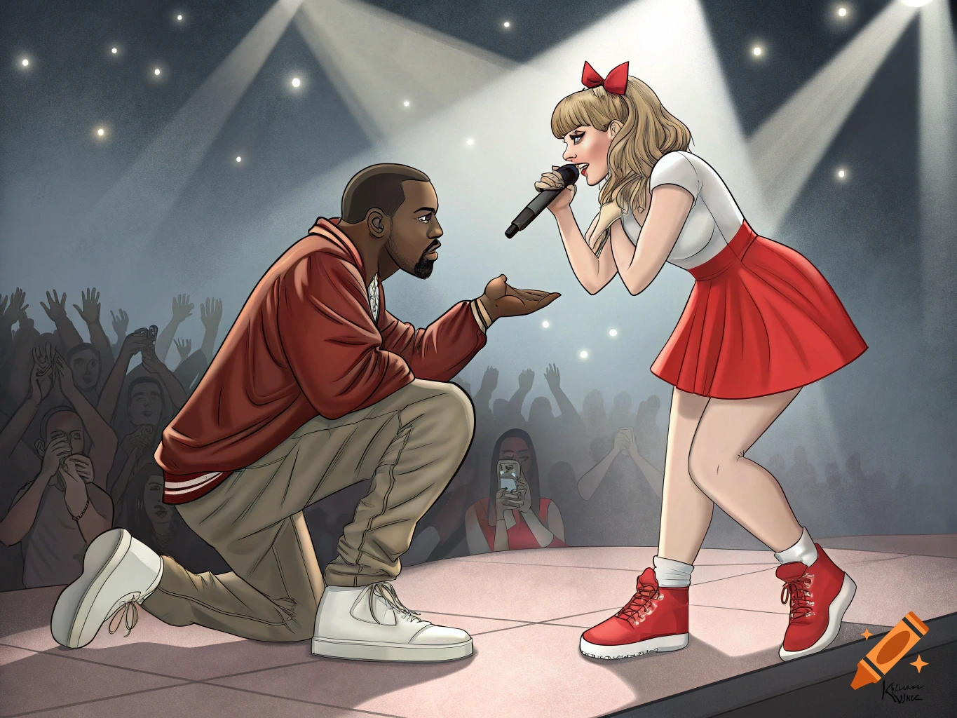 Illustration of Kanye West kneeling on a stage before a female singer holding a microphone, with a crowd in the background.