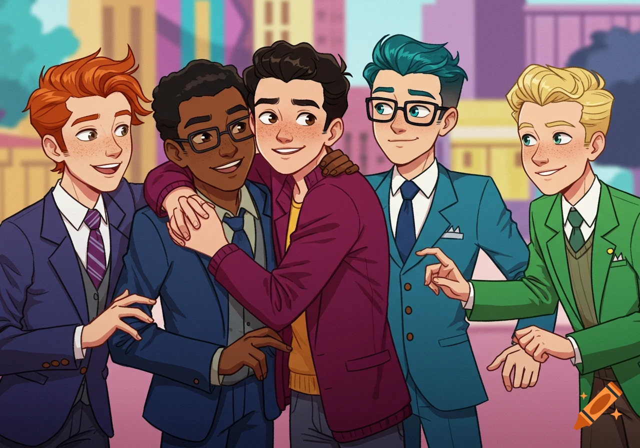 Cartoon illustration of five young men in suits in a cityscape, embracing and posing.