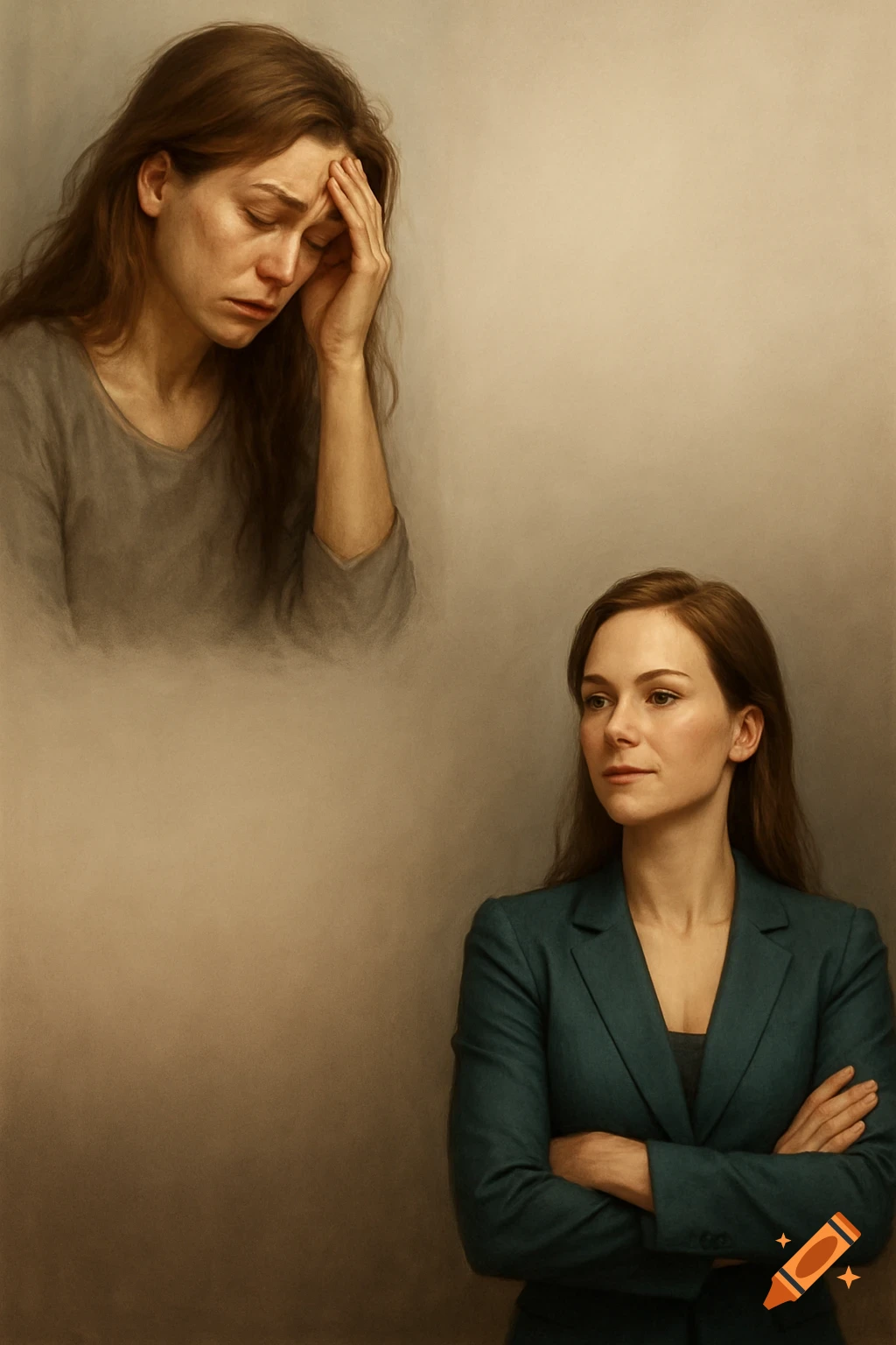 Two portraits of a woman: one distressed, holding her head, the other confident with arms crossed, in a painterly style.