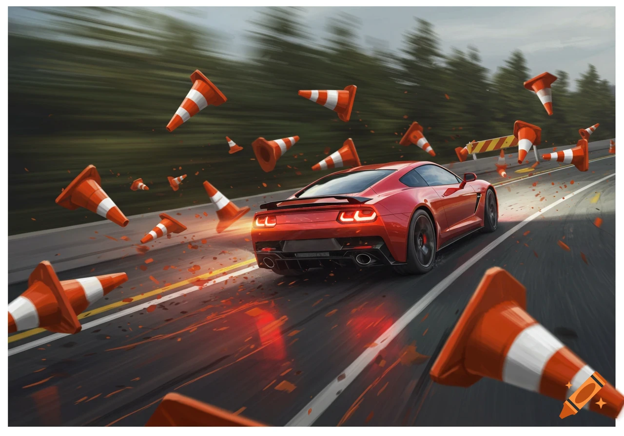 Red car speeding on a road with traffic cones flying through the air.