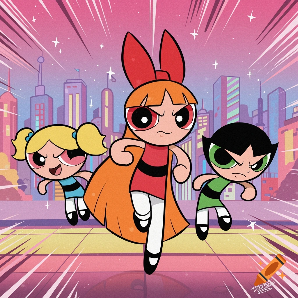 Three Powerpuff Girls characters, Blossom, Bubbles, and Buttercup, running in front of a cityscape. Cartoon style.