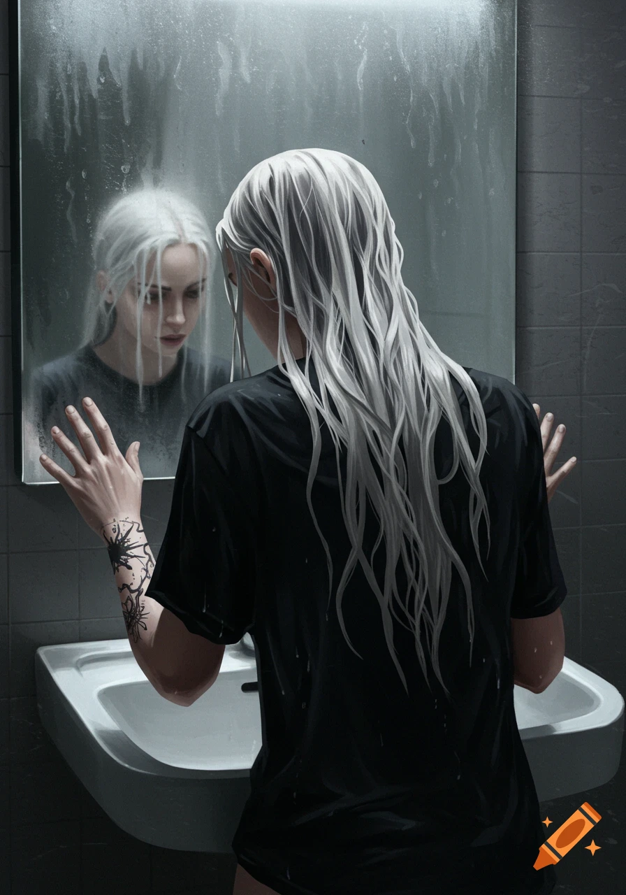 Woman with wet hair looks at reflection in foggy bathroom mirror, digital art