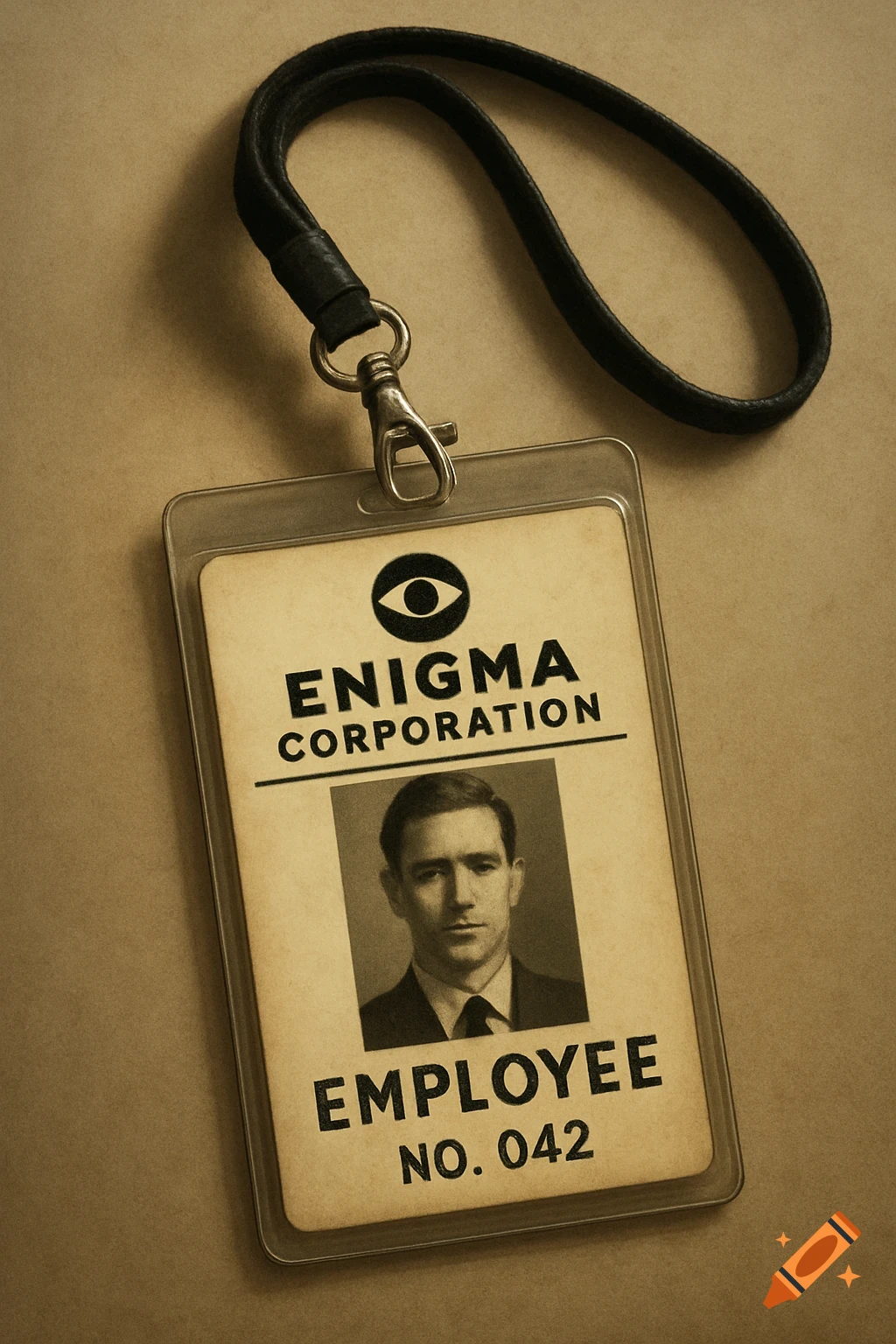 Vintage employee ID badge with photo, 'Enigma Corporation Employee No. 042' text, attached to a lanyard.