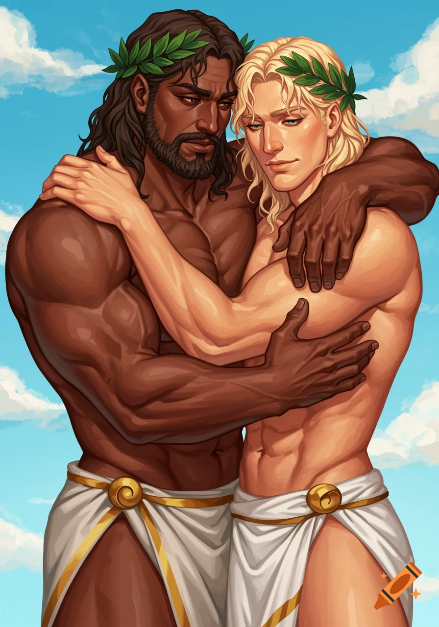 Illustration of two muscular men embracing, wearing Greek attire and laurel wreaths.