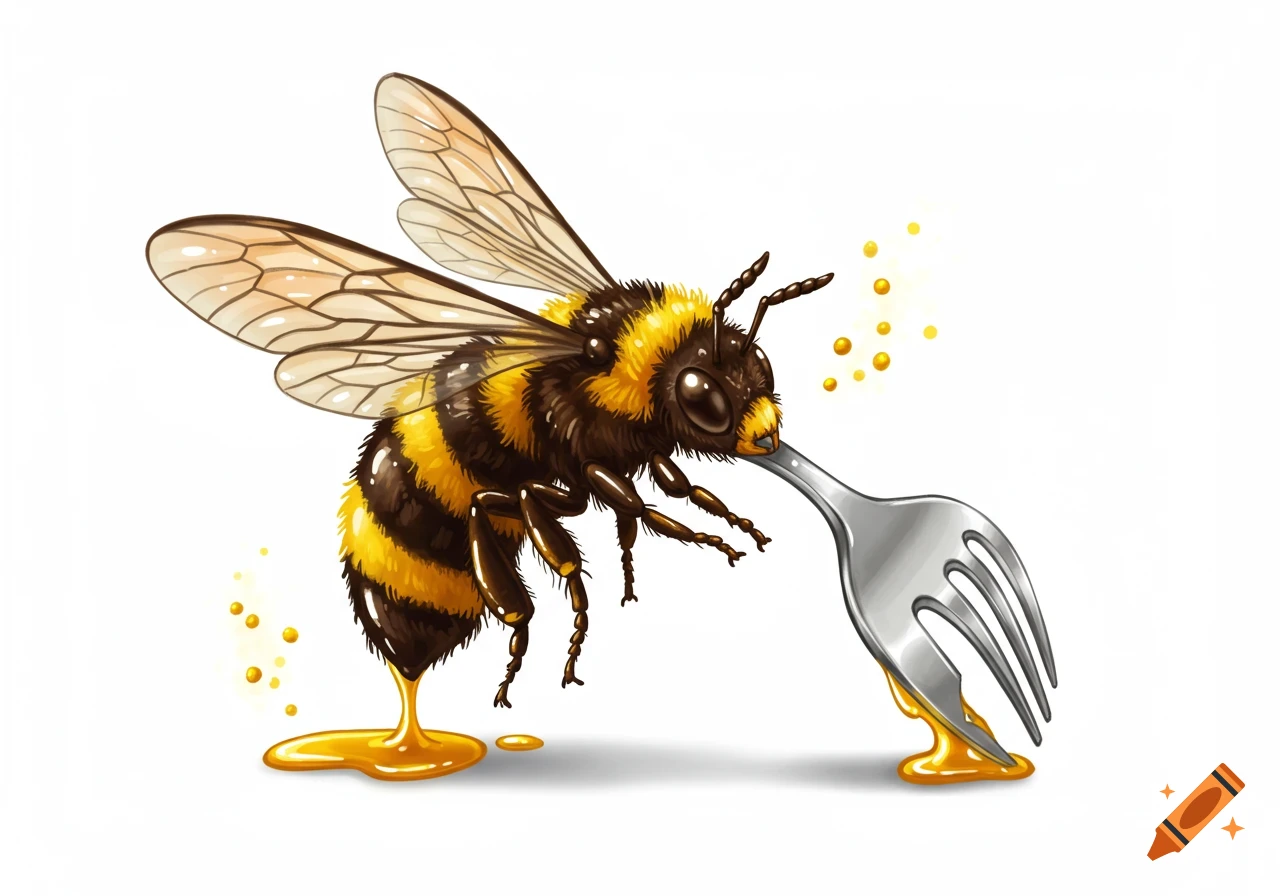 Illustration of a cartoon bumblebee pushing a fork with dripping honey