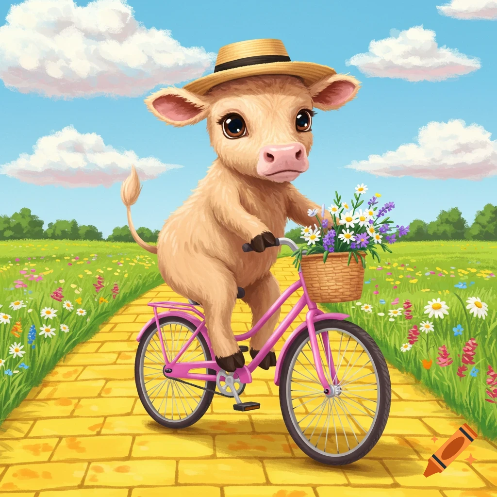 Calf Riding Drawing Cute calf in a hat riding a pink bicycle on a yellow brick road through ...