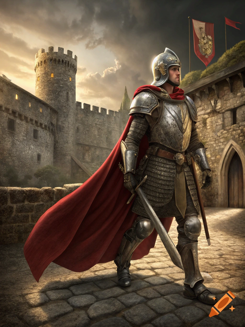 A knight in armor with a red cape stands before a castle at sunset.