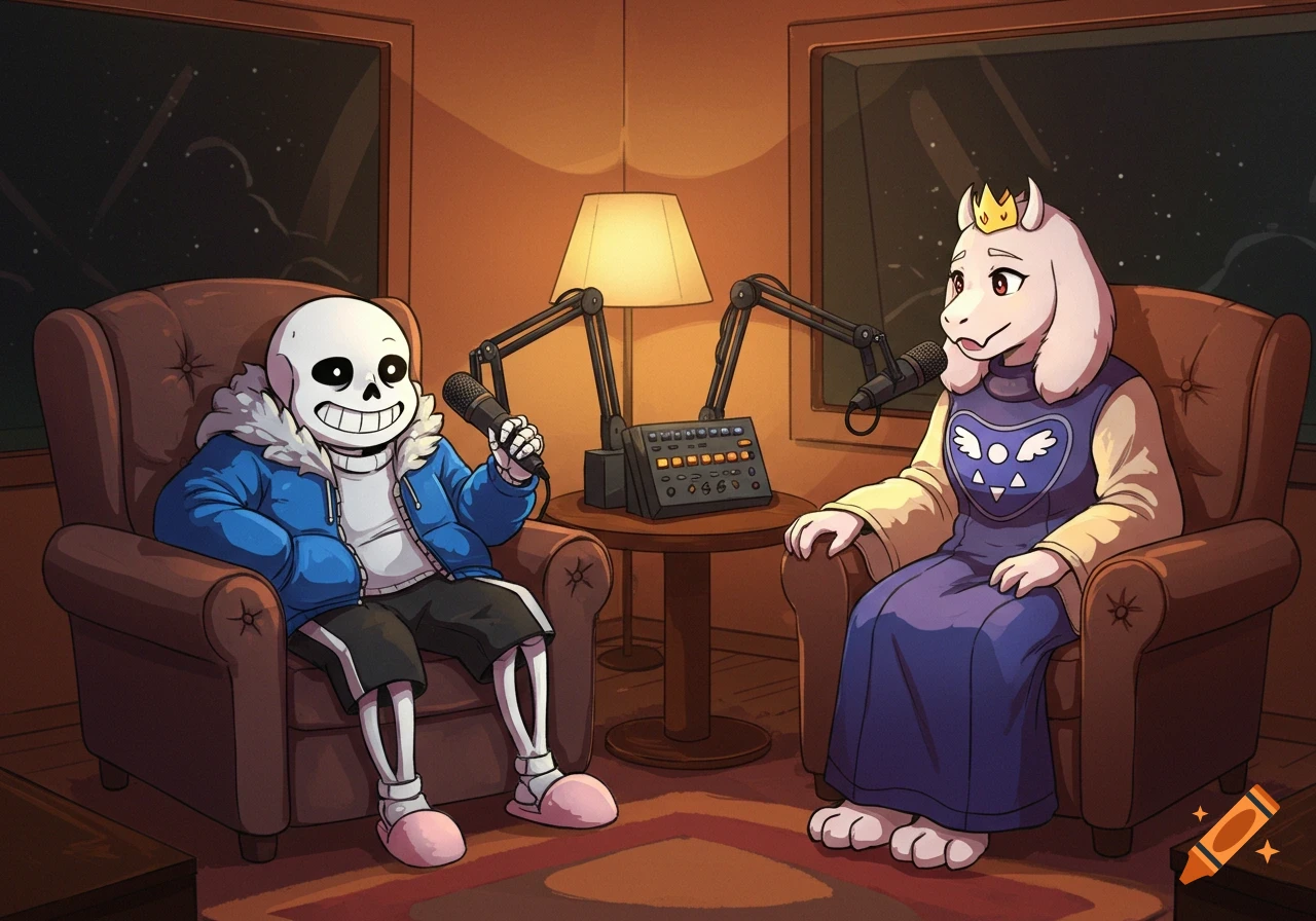 Cartoon image of Undertale characters Sans and Toriel doing a podcast.