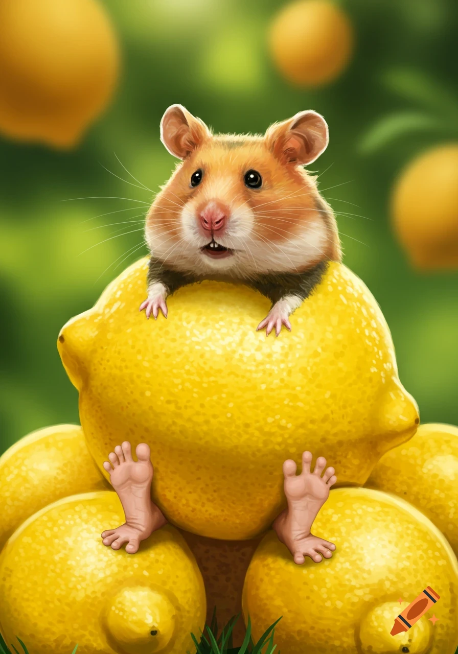 A hamster with a lemon body and human feet sits on a pile of lemons, digital illustration.