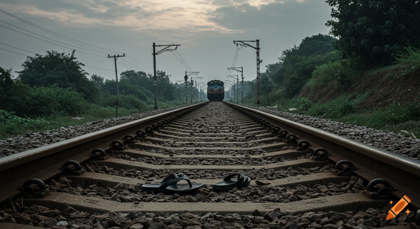 View down a railway track towards a distant train, with a pair of slippers on the tracks in the foreground.