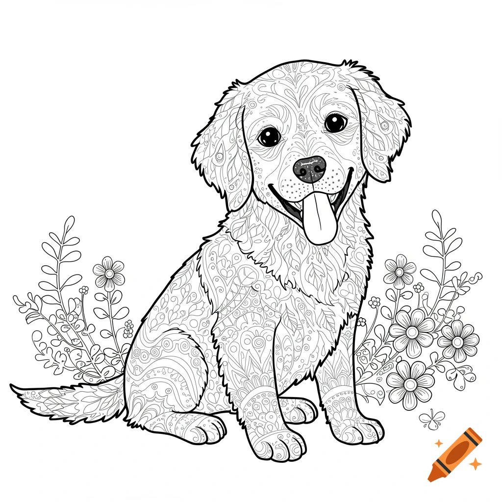 Line art coloring page of a Golden Retriever puppy sitting among flowers