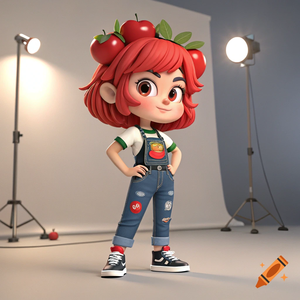 Cute stylized cartoon character with apples on head, wearing overalls in a photo studio.