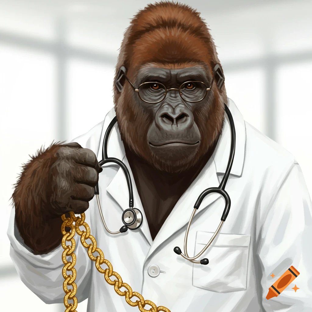 A gorilla wearing a doctor's coat and glasses holds a large gold chain.