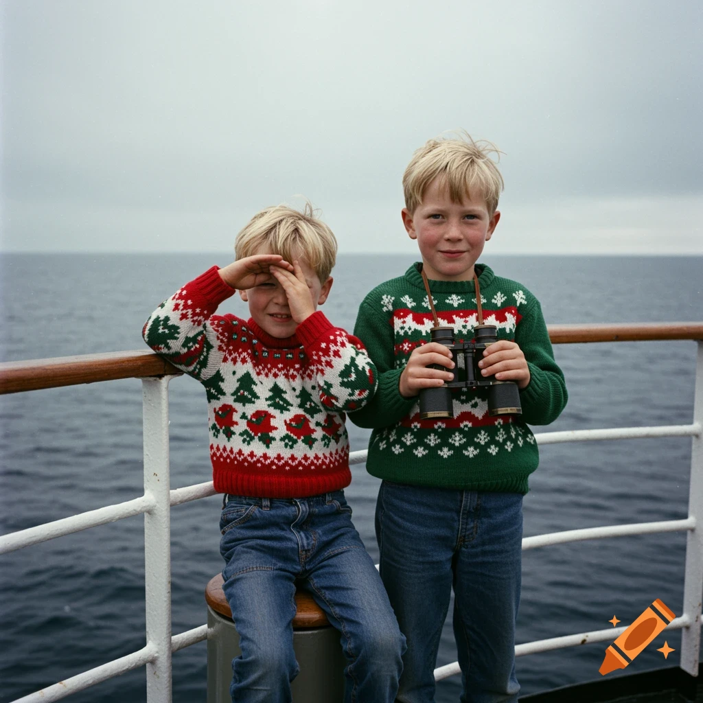 1960s photo of two boys on a ship at sea, one shielding eyes, one holding binoculars.