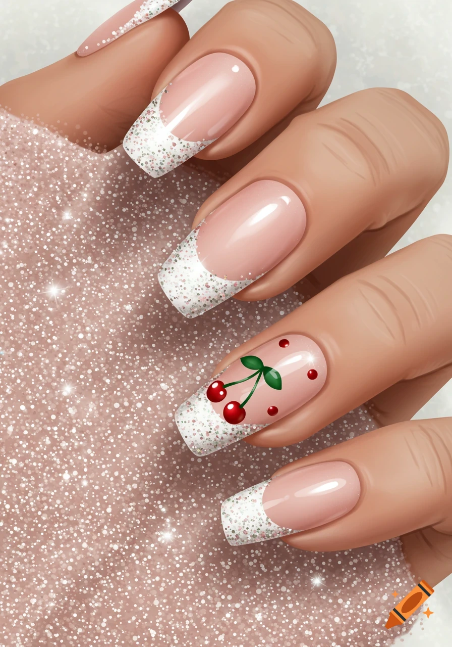Close-up of a hand with French tip nails featuring glitter and cherry art.