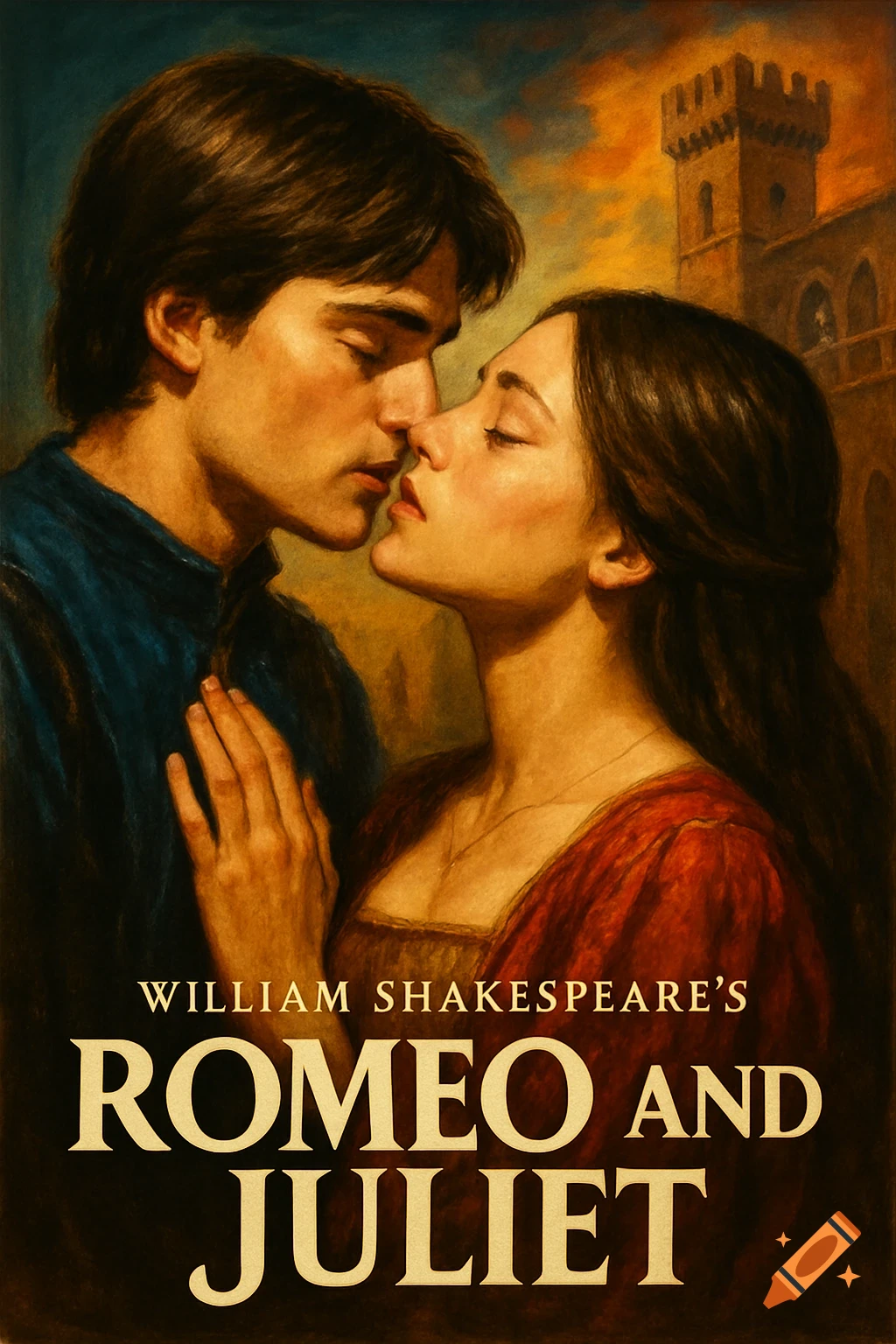 Painting of Romeo and Juliet close to kissing, with the play title text.
