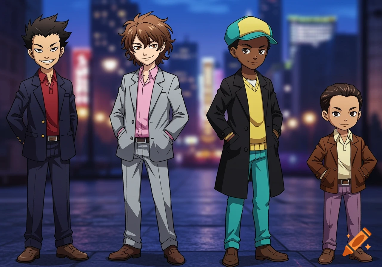 Four anime boys wearing suits stand against a blurred city background.